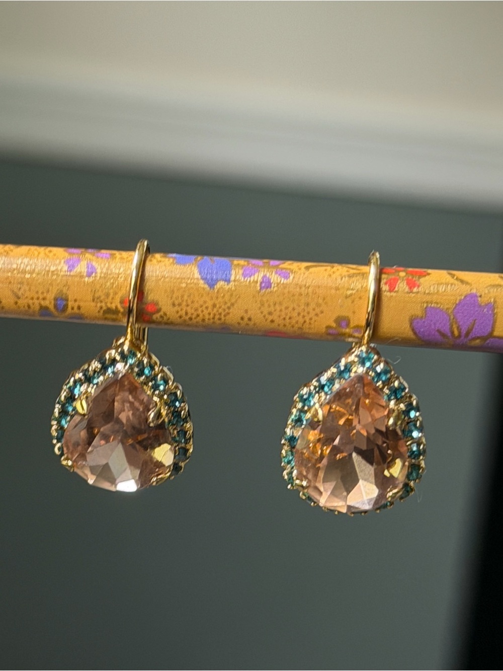 Sorrelli Peach Crystal Teardrop Halo Earrings Teal Pave Leverback